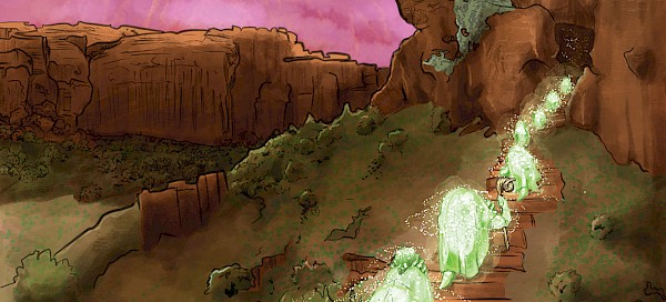 Cropped image of glowing beings crossing a brown and green landscape under a magenta sky, climbing a staircase toward a cave.