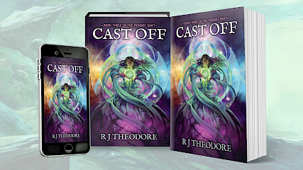 A horizontal banner showing three different formats of the book Cast Off against a faded backdrop of Peridot's floating islands. All art by Julie Dillon.