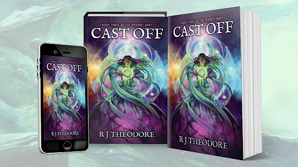 A horizontal banner showing three different formats of the book Cast Off against a faded backdrop of Peridot's floating islands. All art by Julie Dillon.